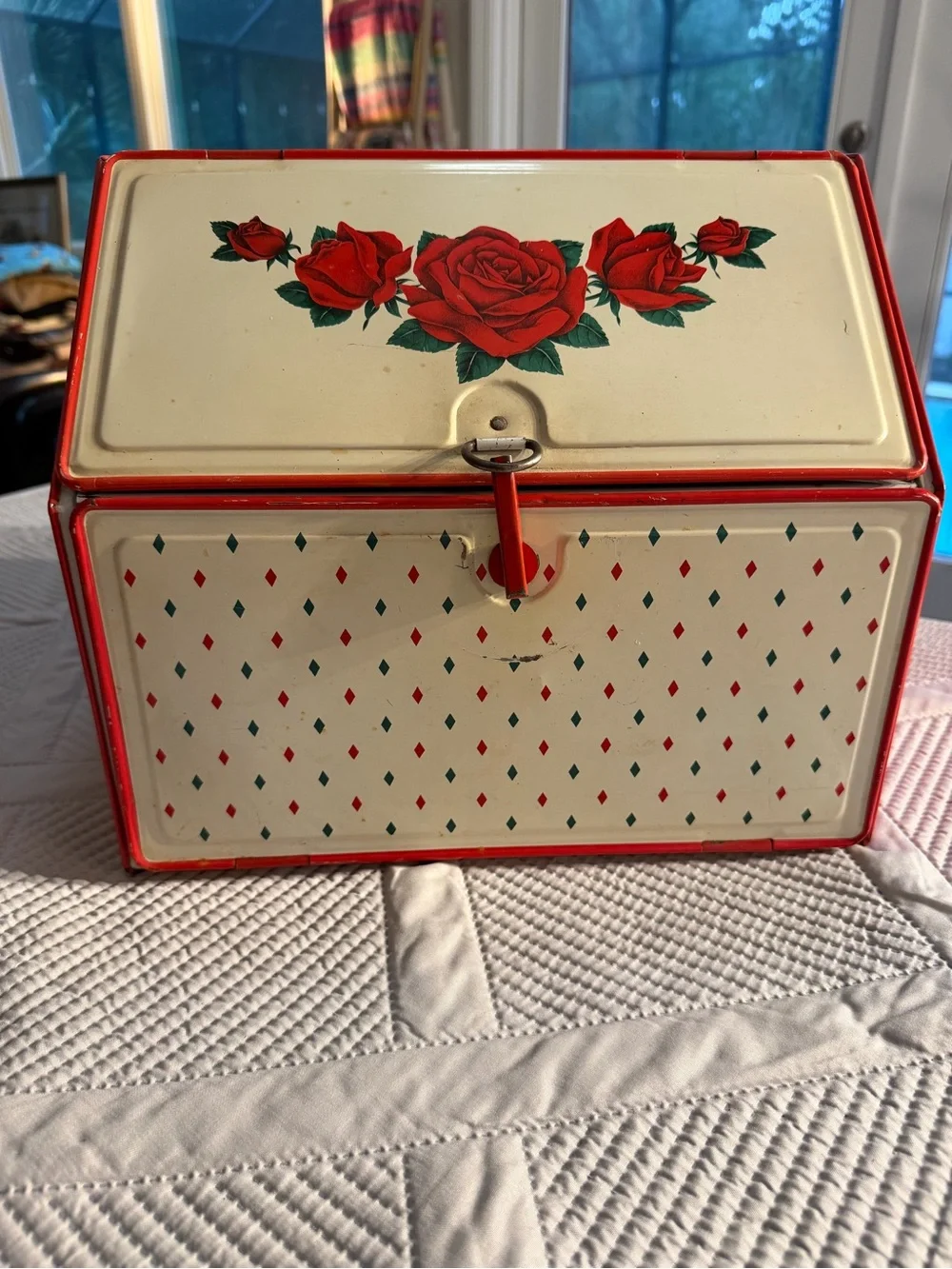 1940’s Vintage Floral Metal Bread Box/Pie Safe Red Roses Distressed Patina